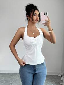Chiquease French Style Knit White Halter Backless Tie-Up Contrast Lace Women's Summer Tank Top - White - View 7