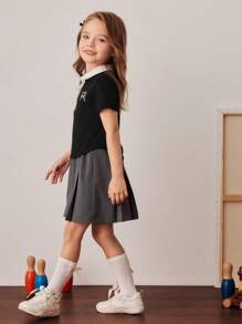 PrepCrw Young Girls Preppy Colorblock Polo Collar Short Sleeve T-Shirt And Pleated Mini Skirt Set,School Uniform,Summer,Career Day,Back-To-School - Multicolor - View 4