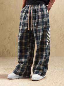 SUMWON 宽腿格纹滚边裤宽松时尚休闲裤冬季秋季街头潮流日常格纹裤