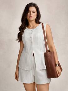 SHEIN LUNE 大码女式单排扣背心和短裤套装