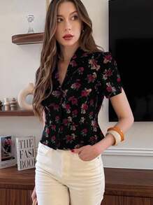 Pariaura Áo cánh tay ngắn in hoa phong cách cổ điển cho nữ - Nhiều màu - Xem 5