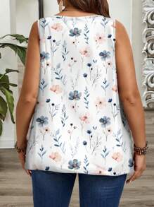 EMERY ROSE Casual Floral Print Plus Size Pleated Loose Cami And Tank Top, Suitable For Spring And Summer Suitable For Going Out - Multicolor - View 2