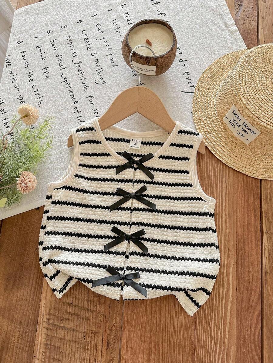 LMoss Kids LMoss  Young Girl Knit Striped Bow Embellished Fitted Camisole Girls Striped Top Kids Sleeveless Top Bow Top For Girls Cute Summer Top For Kids Girls Knitted Top Girls Sleeveless Top Kids Summer Top Striped Top For Girls Knitted Top For Girls