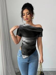 Elenzga 女士新款时尚扎染印花斜肩短袖T恤 - 黑色 - 查看 4