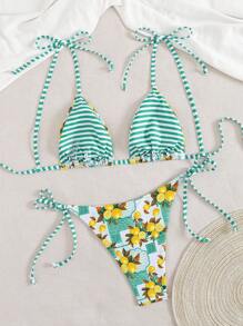 Swim Vcay Ensemble de bikini avec nœud papillon rayé, imprimé citron, détail nœud, mignon, pour vacances à la plage, festival d'été