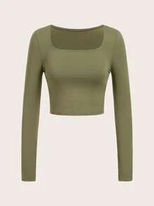 SHEIN Unity 女式休闲纯色方领修身长袖上衣 - 軍綠色 - 查看 1