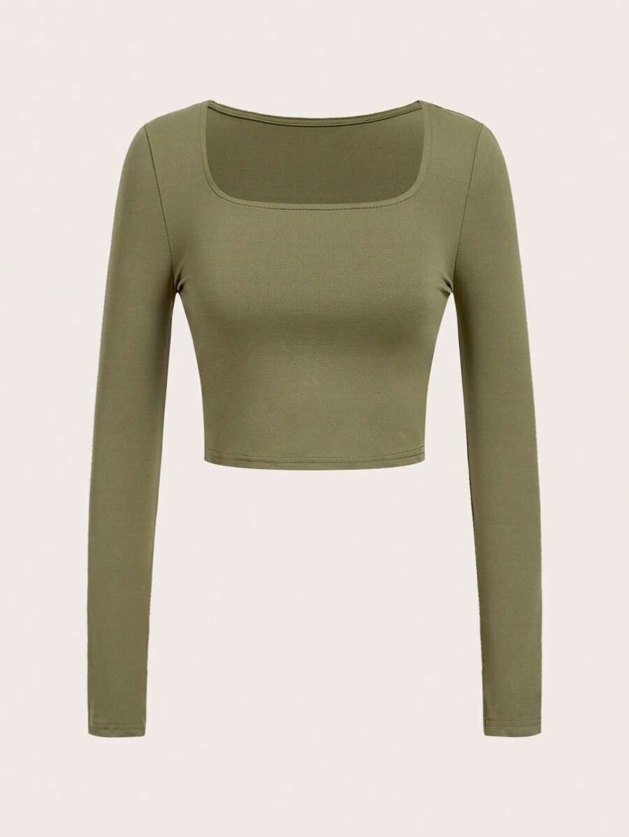 SHEIN Unity 女式休闲纯色方领修身长袖上衣 - 軍綠色 - 查看 1