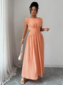 Elenzga Vestido midi sin mangas talla grande para mujer, elegante y minimalista de estilo chic de alta gama para la oficina, el tránsito, la playa, las vacaciones, los festivales de música, de unicolor con cinturón vintage, cintura calada, plisado en capas con silueta evasé