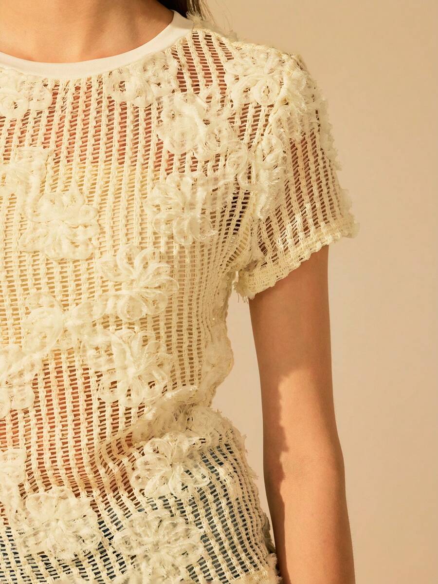 CAJUNI Women White Knit Hollow Floral Textured Fitted Short Sleeve Crew Neck Tee, Versatile Summer Holiday Casual Top