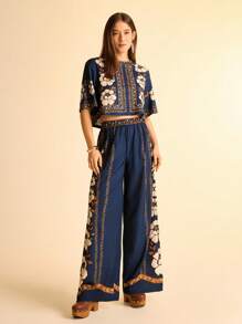 CAJUNI 2件套女士花卉印花T恤和阔腿裤度假休闲装 - 彩色 - 查看 3