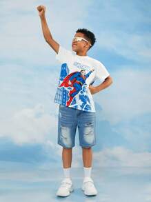 SUPERMAN X SHEIN 青少年男孩休闲卡通英雄和字母图案短袖白色 T 恤，夏季 - 彩色 - 查看 4