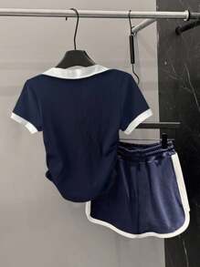 INAWLY 女士撞色翻领骑士图案印花短袖T恤和短裤休闲套装夏季 - 藏蓝色 - 查看 2