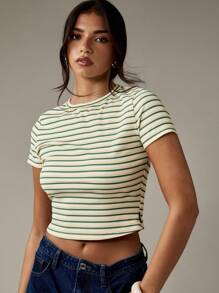 MISSGUIDED 罗纹短款 T 恤条纹婴儿 T 恤 Y2K 时尚复古 90 年代短袖夏季春季休闲上衣 - 彩色 - 查看 5