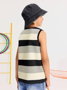 SHEIN Tween Boys' Casual Striped Crew Neck Tank Top & Denim Shorts Set, Comfortable & Simple - Blue - View 4