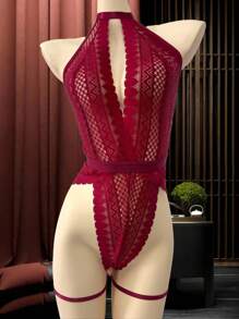 SHEIN Spicy Aura Bộ 3 món đồ liền thân hở lưng ren gợi cảm cho nữ - Màu Đỏ Sâu - Xem 9