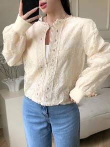 DAZY 优雅蕾丝圆领宽松女式衬衫，秋季女装长袖上衣 - 米色 - 查看 7