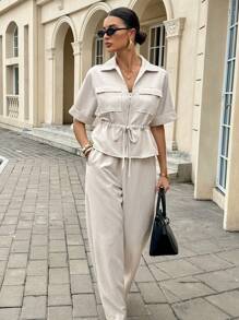 Siren Gaze 2pcs/Set Women Solid Color Short Sleeve Drawstring Waist Shirt And Pants Casual Commuter Suit Beige Two Piece Set Casual Two Piece Set Two Piece Pant Set,All-Season,Back To School Clothes, Fall Women Clothes Summer - Apricot - View 3