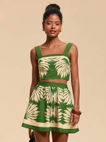 Travachic 2件套女士印花短款吊带背心和高腰半身裙 - 綠色 - 查看 4