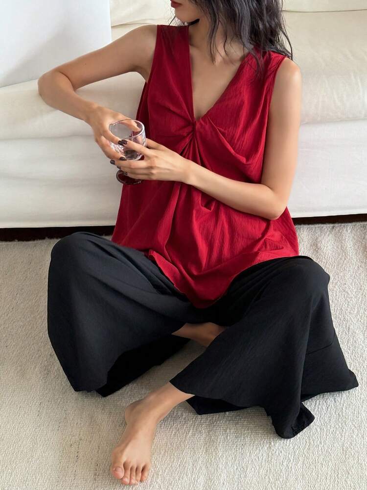 2pcs Twist Front V-Neck Loose Casual Women's Set Pajama