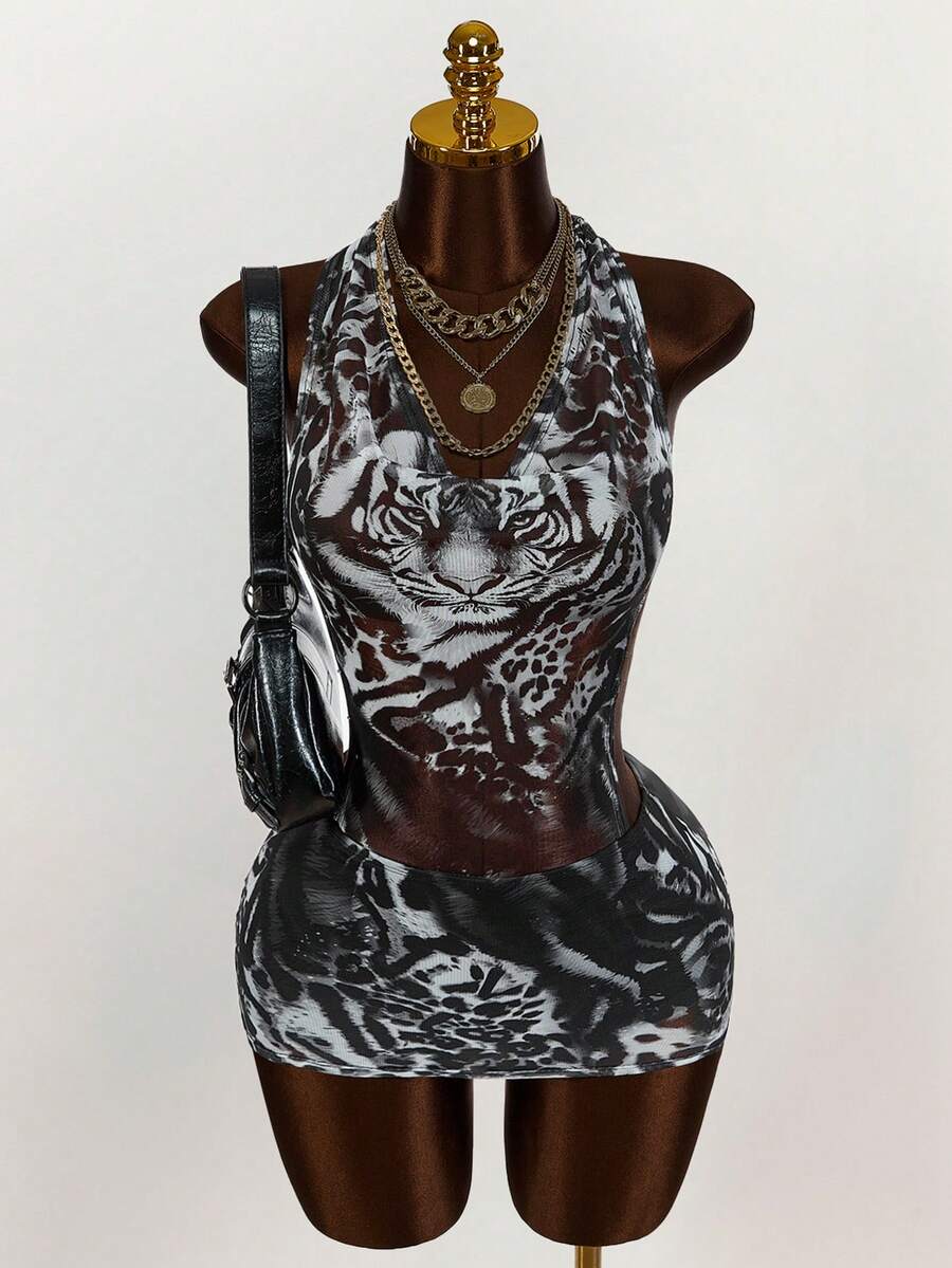 Amplova Enge, rückenfreie Midikleid aus Tigermuster-Mesh mit Kuhltrichter-Ausschnitt und drapiertem Ausschnitt, vielseitiges Design