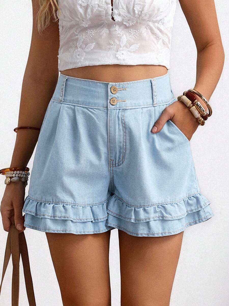 EMERY ROSE Quần short denim cạp cao hai lớp viền bèo nhún thường ngày cho nữ - Màu xanh lam - Xem 1