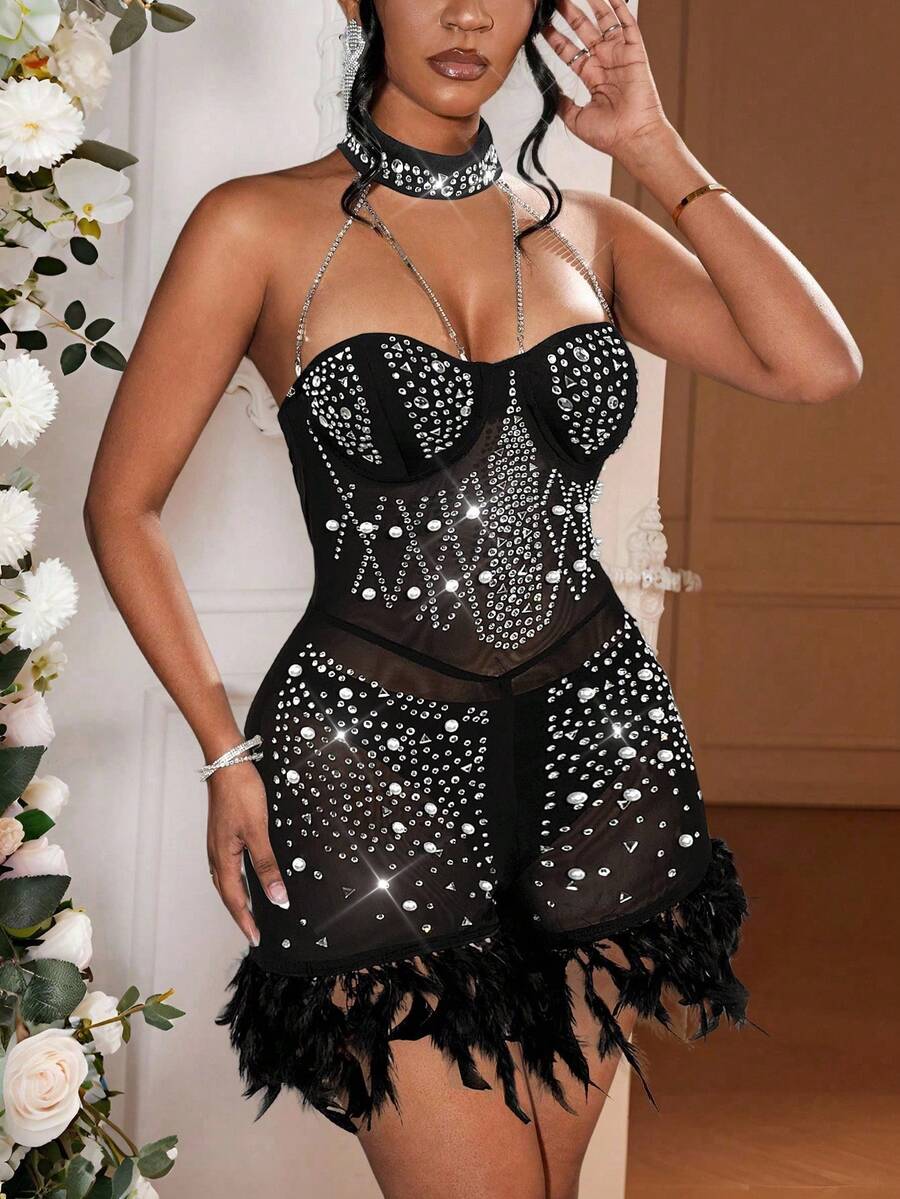 Slaydiva Bộ đồ liền thân đính hạt đá pha lê gợi cảm thanh lịch cao cấp ngày lễ tình nhân 2024 thời trang mới cho nữ - màu đen - Xem 1