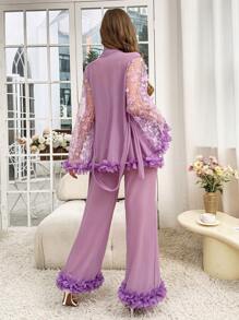 SHEIN 3pcs Women's Sleepwear Set: Embroidered Floral Mesh Splice Camisole Pants And Long Robe