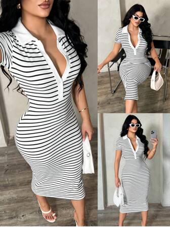 SHEIN SXY Women's Summer Casual Elegant Business Commuting Style Black & White Striped Polo Shirt Dress, Knit Stretchy Fitted Midi Dress, French Chic Dress Black And White Striped Dress Stripe Midi Dress Bodycon Midi Dress Striped Bodycon Dress Women Summer Dress Collared Striped Dress