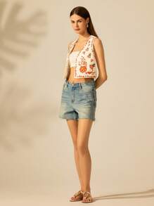 CAJUNI White Base Orange Tropical Floral Embroidery Sleeveless Open Front Short Vest For Women, Suitable For Summer Vacation, Beach, Graduation Casual Blouse For Women - Multicolor - View 3