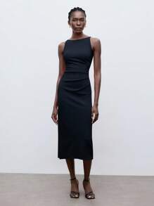 Maija 2025年夏季新款黑色细肩带褶饰腰部无袖连衣裙，商务休闲日常通勤，优雅海滩度假装、婚礼宾客装、乡村音乐节装、早午餐装、机场装，90年代复古美学