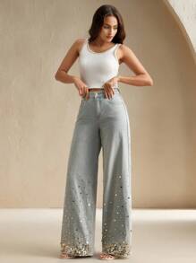 Fashionable Sequin Embellished Casual Loose Fit Women's Jeans - Blue - View 6
