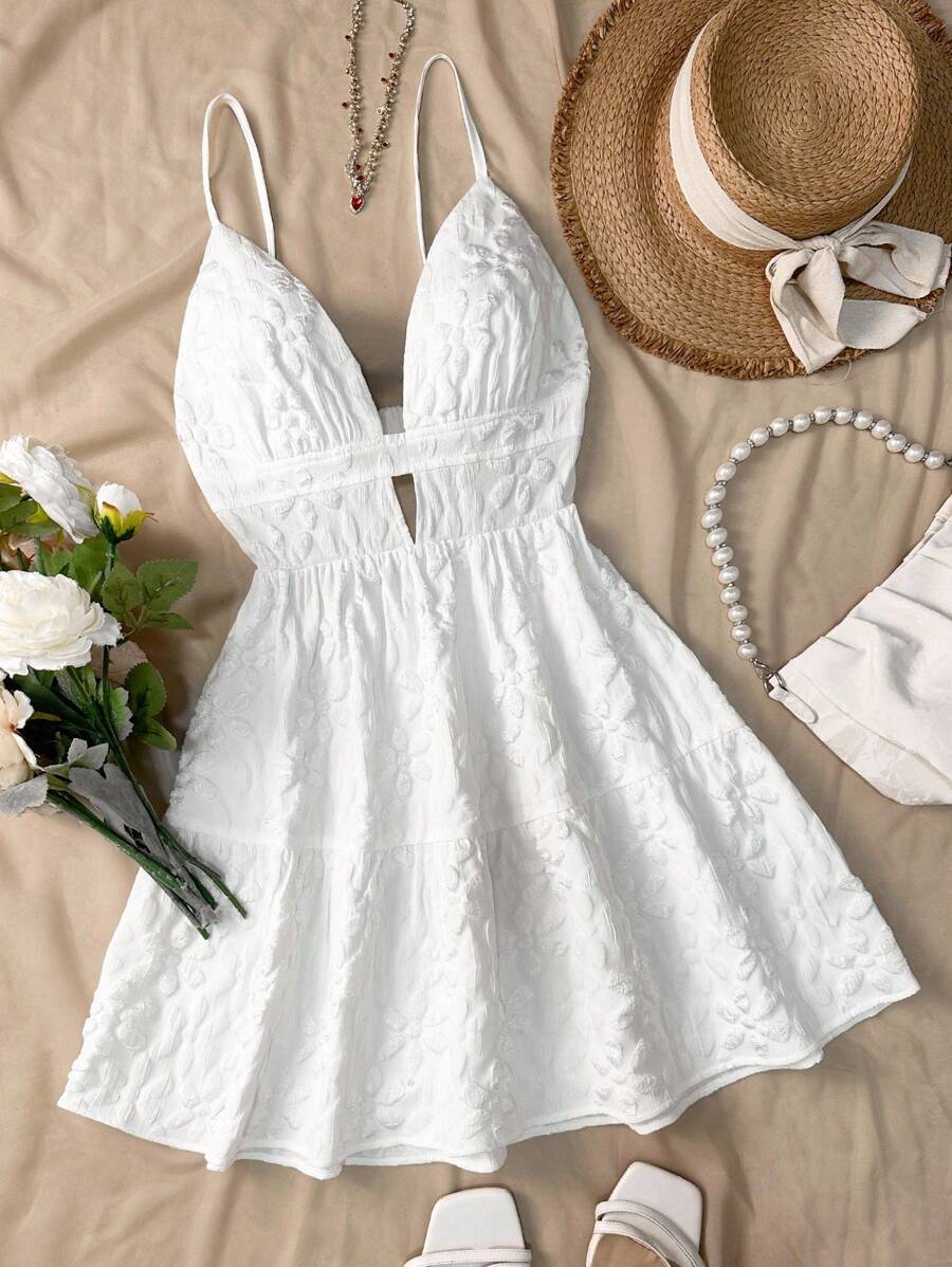 Women's White Jacquard Texture Fabric Waisted Back Cut-Out Mini Cami Dress, Figure-Flattering Design - White - View 1