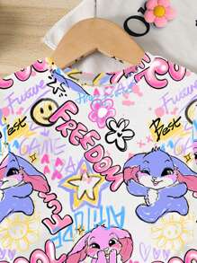SHEIN Baby Girls Cartoon Scribble Long Ear Rabbit Print Round Neck Short Sleeve T-Shirt And Knitted Tight Shorts Set - Multicolor - View 4