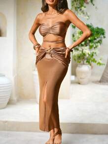 Swim Chiccia Damen Sommer Strand Neckholder Geraffter Sexy Bikini-Set mit Cover-Up & Mini-Rock