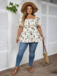 SHEIN CURVE+ Plus Size Women's Casual Printed Bubble Sleeve Waist Tied Shirt, Summer, Short Sleeved Top, Doll Shirt - Multicolor - View 6