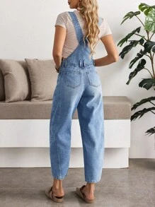 EMERY ROSE 女士休闲简约宽肩带扣牛仔工装裤 - 藍色 - 查看 4