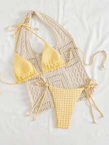 Swim Mod Bộ bikini tam giác màu vàng cổ yếm 2 lớp vải ngọt ngào dành cho nữ, có dây buộc eo bên hông, quần ngắn gợi cảm, mùa hè - Màu vàng - Xem 5