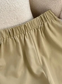 SHEIN Quần short xếp ly đơn sắc thoải mái đa năng cho nữ - Màu Khaki - Xem 6