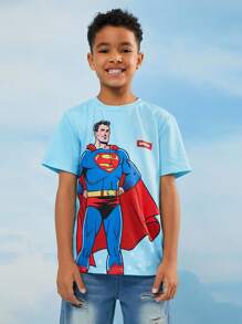 SUPERMAN X SHEIN Tween-Jungen Lässig Street Style Cartoon Held & Buchstaben Polka Dot Muster Kurzarm T-Shirt, Sommer - Blau - Übersicht 3