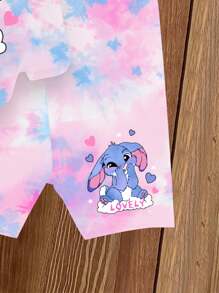 SHEIN 女婴卡通兔子印花扎染圆领短袖T恤和针织打底短裤套装，夏季扎染女婴亲子装 - 彩色 - 查看 6