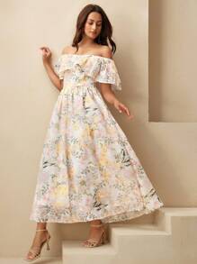 Anewsta Elegant Off Shoulder Ruffle Trim Cinched Waist Loose Resort Style Dress For Women - Yellow - View 6