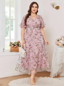 Modelyn 大码女式优雅3D刺绣装饰细节派对礼服，大码正式鸡尾酒会礼服 - 粉色 - 查看 4