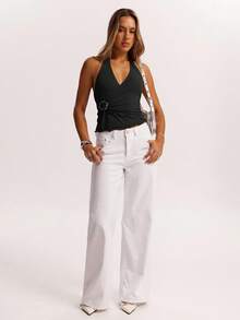 SHEIN BAE 春夏亚麻色设计金属装饰细节露背领聚拢吊带背心女上衣，夏季紧身性感辣妹复古上衣吊带背心上衣，度假海滩上衣，邮轮女装，通勤休闲，伊比沙岛 - 黑色 - 查看 3