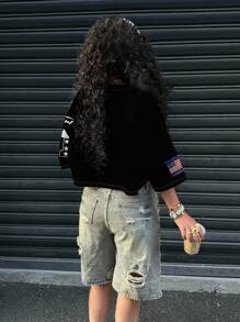 SHEIN EZwear Women's Casual V-Neck Loose Short 5th Sleeve Mesh T-Shirt, Suitable For Summer And Sports, Digital 01 Print Back To School Chic