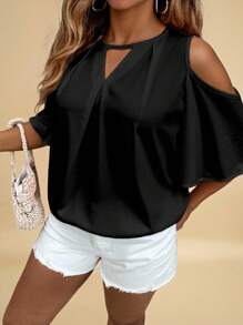 Travachic 假日风格休闲百搭大码露肩纯色锁眼领衬衫，夏季度假 - 彩色 - 查看 1