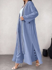 Al Najma 2pcs Women's Elegant Ribbon Patchwork Long Jacket And Pants Set, Spring Autumn, Work/Elegant/Casual/Modest Style, Abaya Set 2 Pieces Set Fall Cloth For Women - Baby Blue - View 4