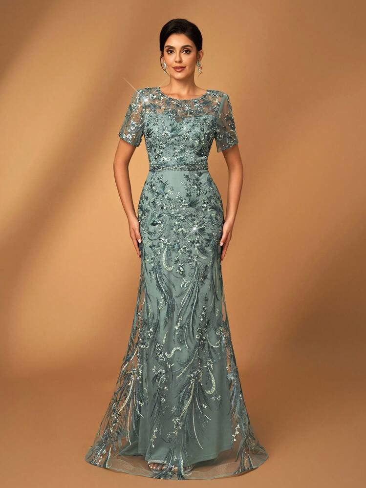 Serin Vestido elegante y lujoso con mangas transparentes, diseño floral bordado con encaje y cuentas, adecuado para boda, despedida de soltera, fiesta, banquete, vestido de noche para luna de miel, Día de San Valentín - Verde militar - Añade 5