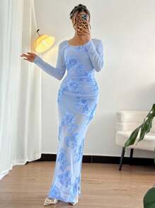 Rafferiza 女式优雅纹理荷叶边细节侧开衩修身连衣裙，春夏 - 藍色 - 查看 3