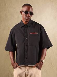 SUMWON Streetwear Oversized Button Down Shirt Orange Soda Print Festival Party Graphic Back Print Short Sleeve Urban Fashion Casual Summer - Black - View 6