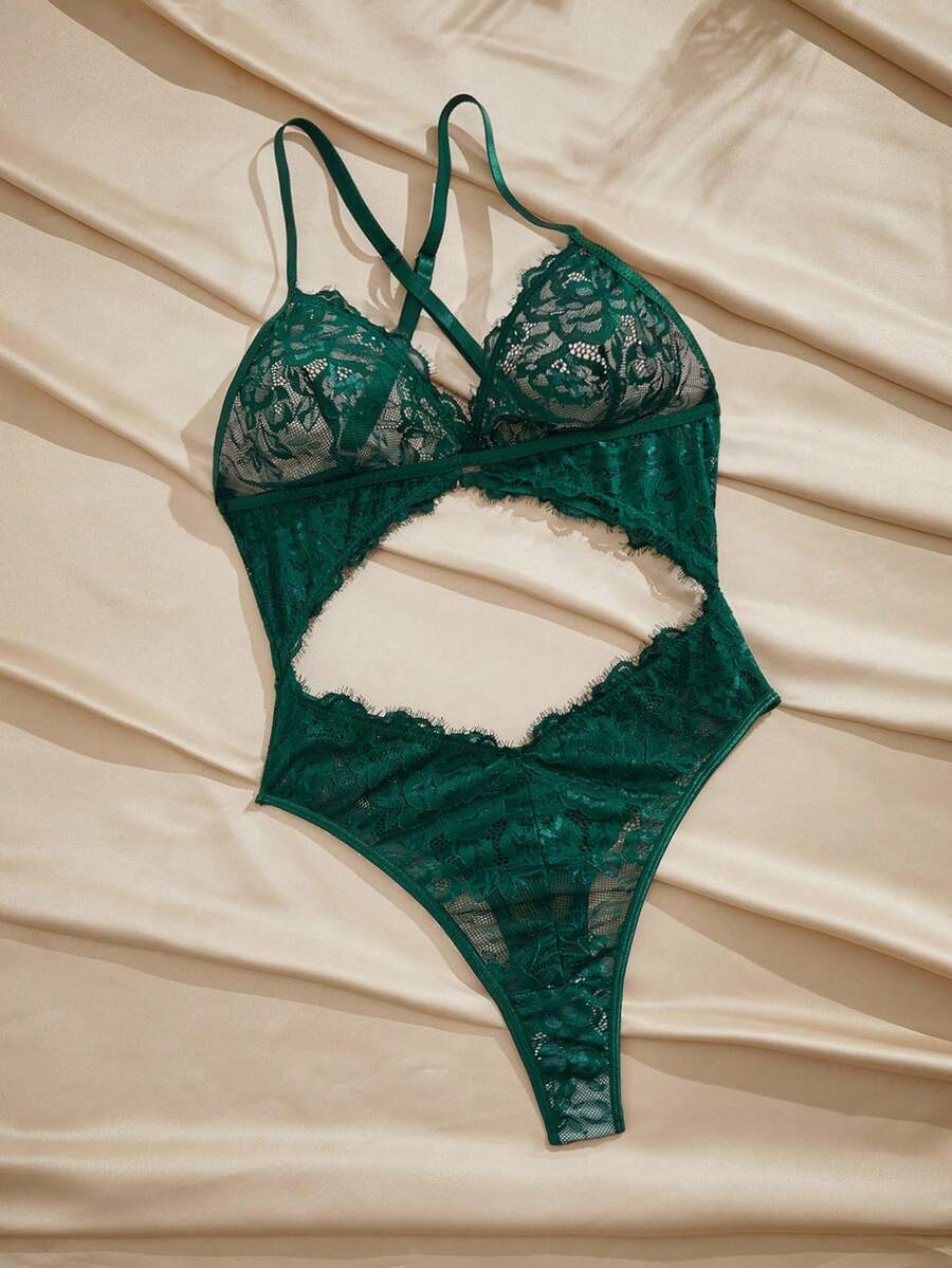 Charlaine Lãng mạn, thanh lịch ren lông mi quyến rũ gợi cảm phụ nữ bodysuits ren xanh lá cây đồ lót màu xanh lá cây đậm đồ lót khoét rỗng màu xanh lá cây gấu bông ren Teddy cho đi chơi - Màu xanh lá cây đậm - Xem 1